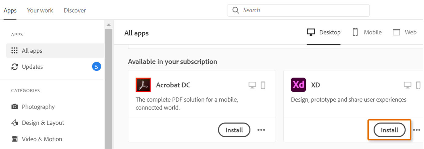Click Install next to XD.
