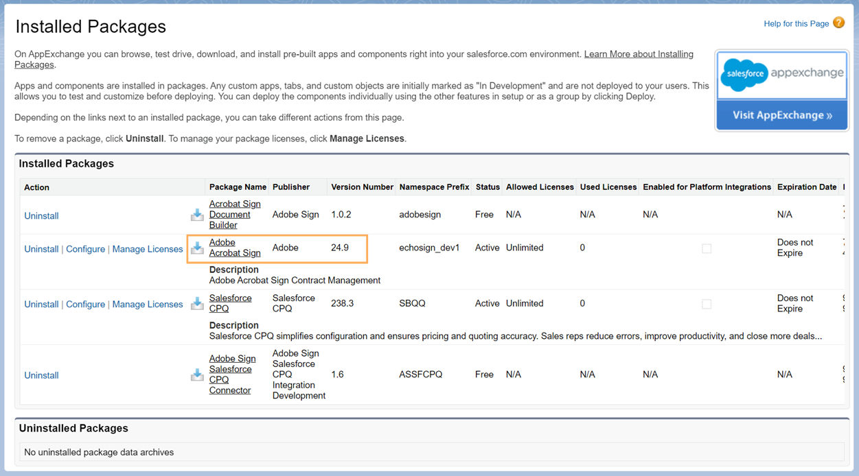 Controleer de versie van de geïnstalleerde Adobe Acrobat Sign voor Salesforce-app.