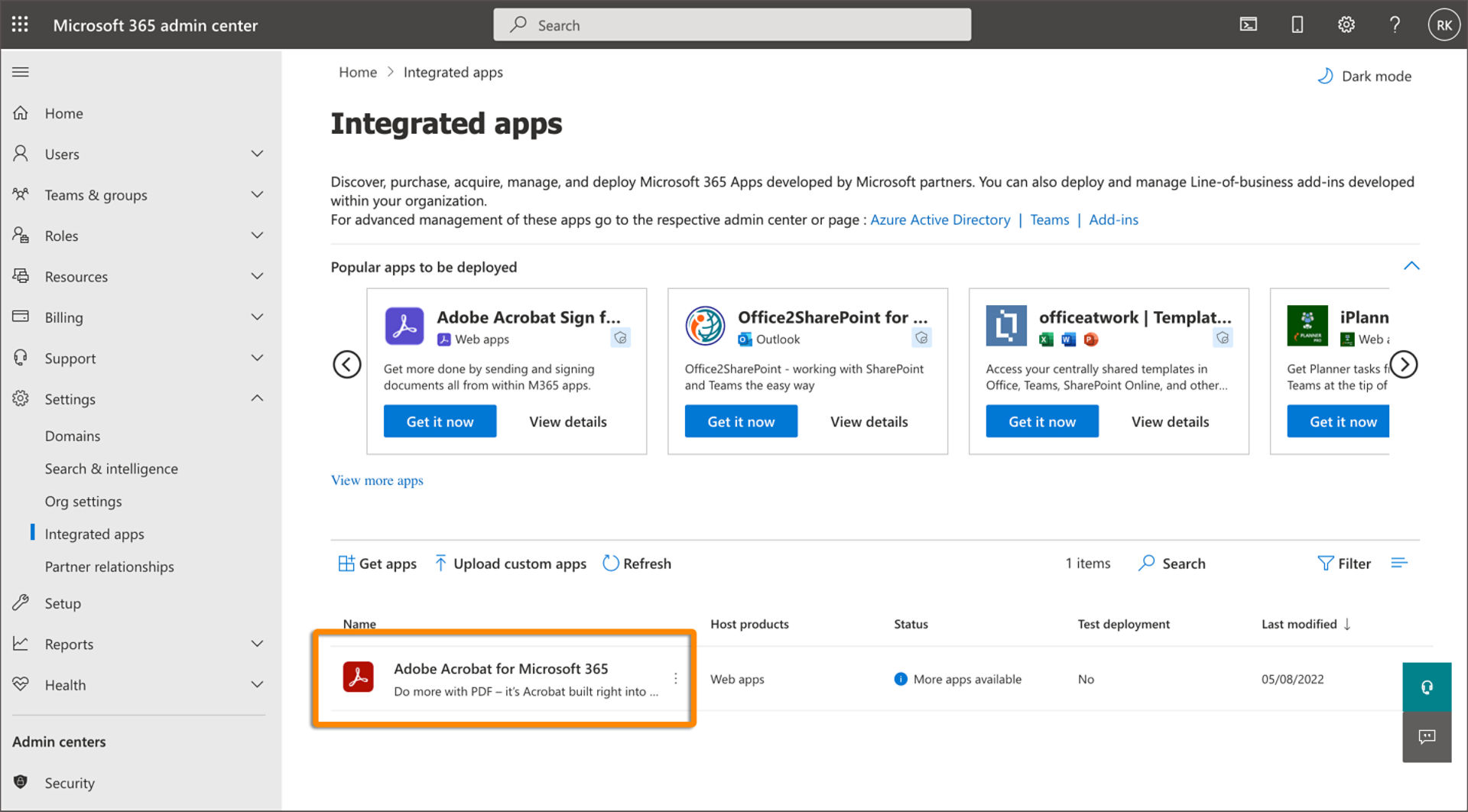 Acrobat deployed and visible in the Integrated apps list