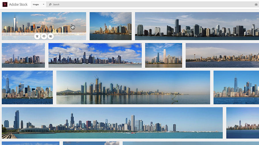 High resolution panoramas of cityscapes along bodies of water displayed in Adobe Stock