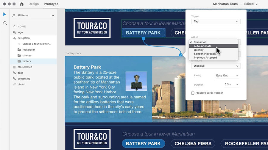 The XD Prototype workspace is used to animate buttons on the Tour & Co website displaying the Manhattan cityscape.