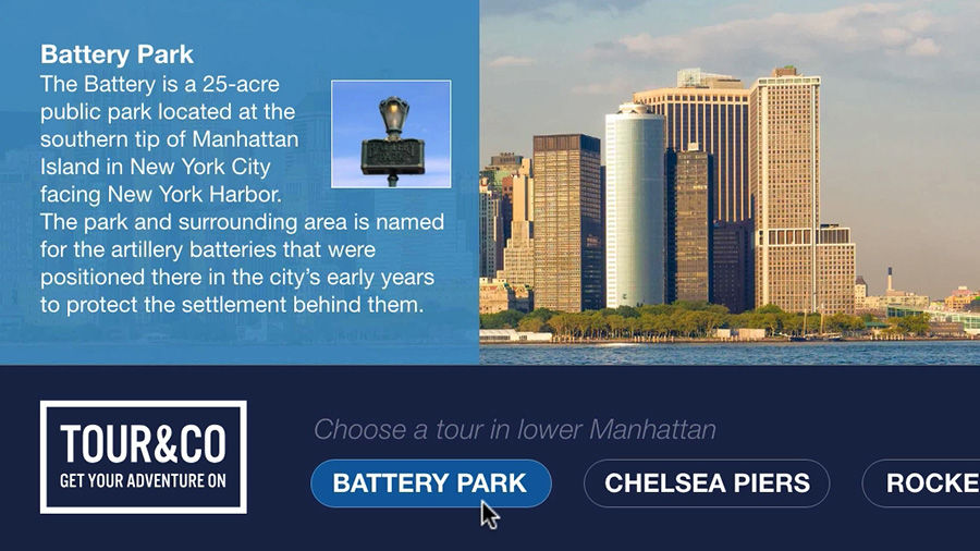 The Tour & Co website prototype displays the Manhattan cityscape with navigation buttons for tour options.