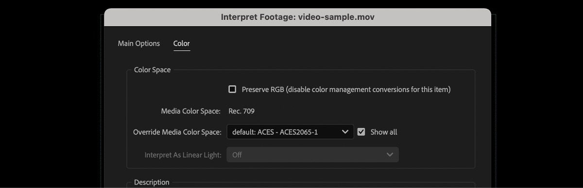The Interpret Footage dialog box is open, and under the color tab, there are multiple settings to configure and manage various settings for your imported media, including color management.