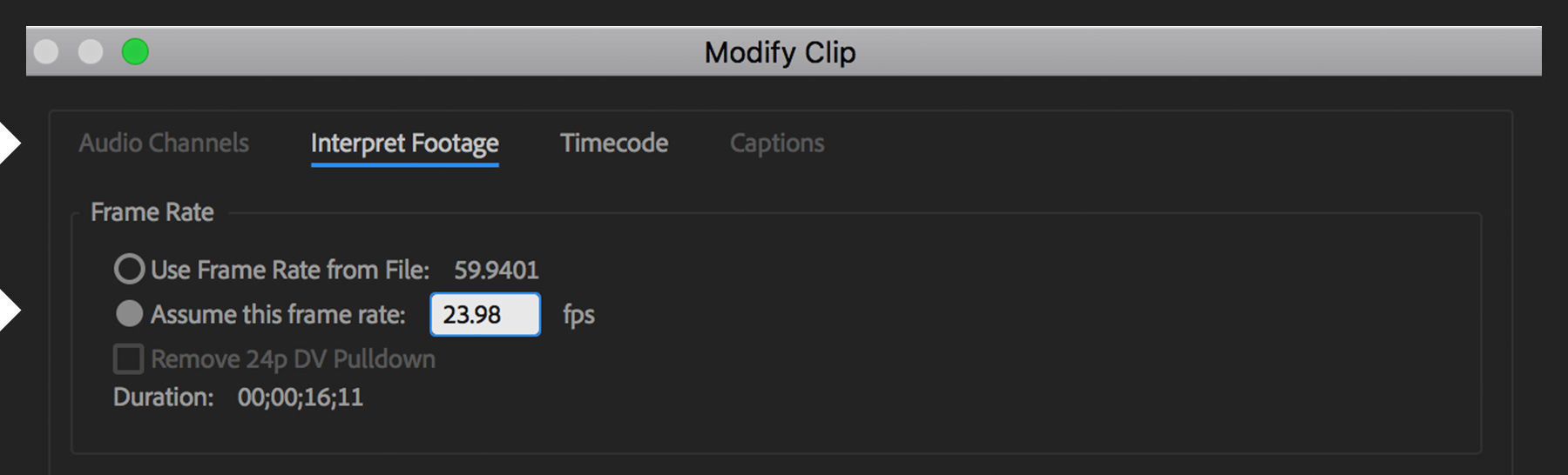 The frame rate is modified by selecting Clip > Modify > Interpret Footage and entering frame rate value.