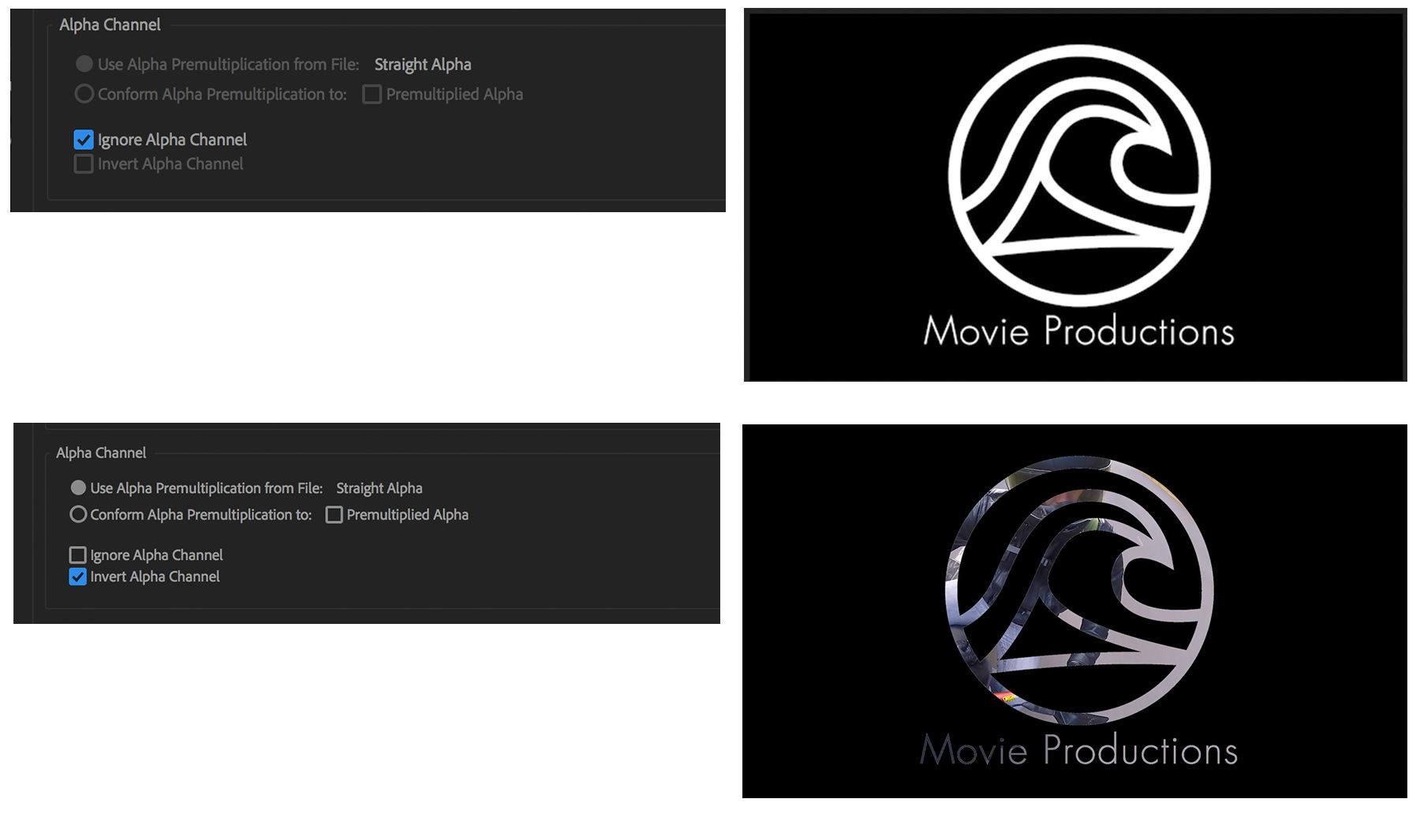 Ignore Alpha Channel shows a white logo with black background. Invert Alpha Channel shows a video through the logo.