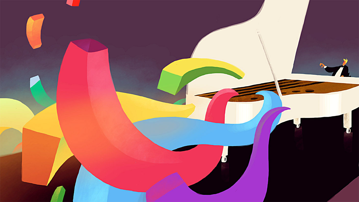 Illustration of a man in a tux sitting at a grand piano. Colorful abstract shapes emanate from the piano.