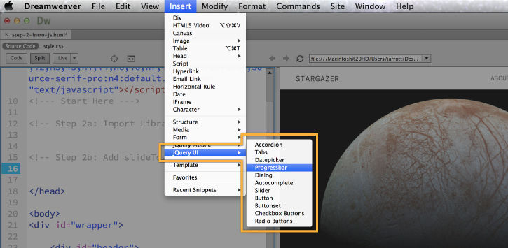 jQuery widgets are available in the Insert > jQuery UI menu.