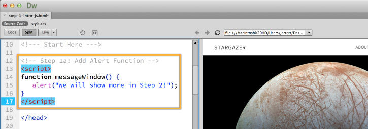 The JavaScript alert function is defined. 