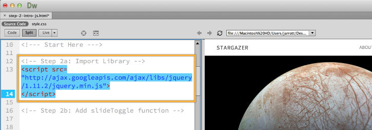 Code is added to reference the jQuery library hosted by Google.