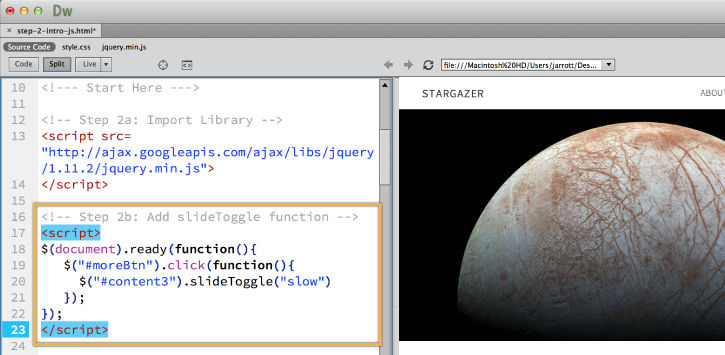 jQuery and slideToggle functions are added between <script> tags.