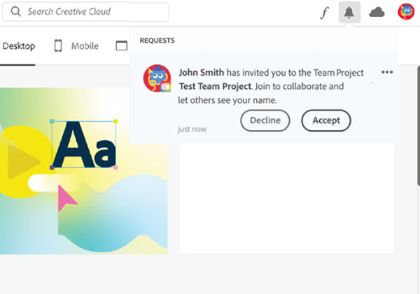 Collaborators receive an invitation to collaborate that appears in the Creative Cloud desktop app