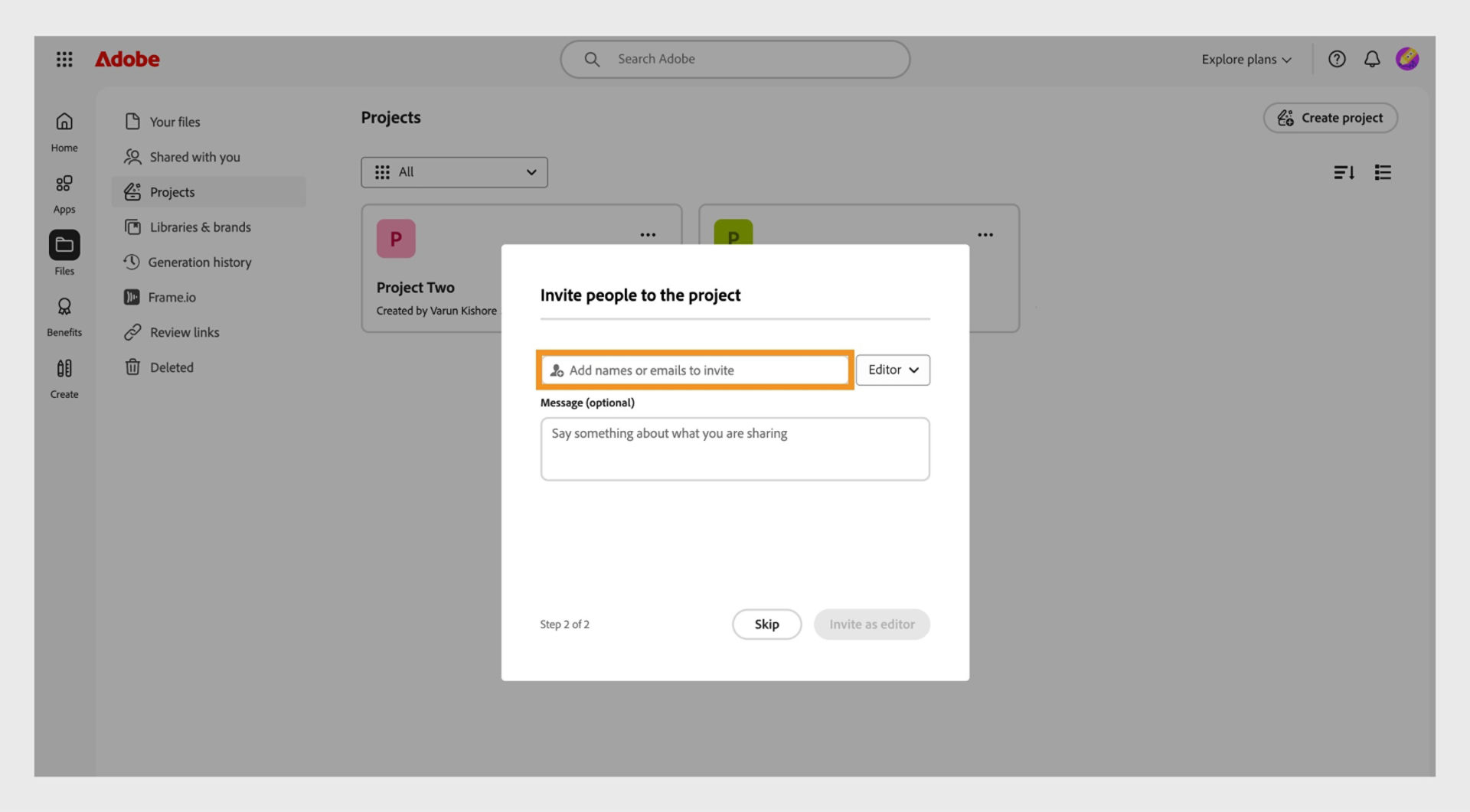 The space to add people or groups, highlighted in the dialog box, allow you to share your project with others. 