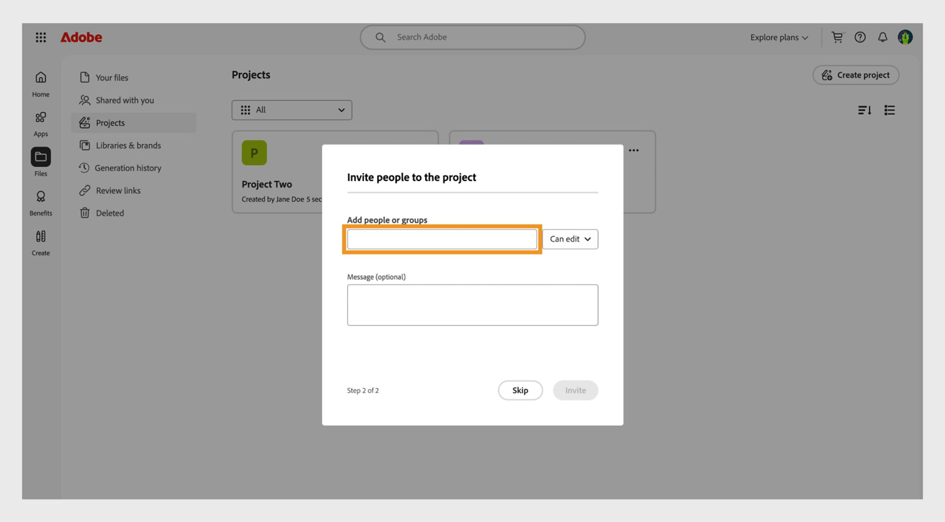 The space to add people or groups, highlighted in the dialog box, allow you to share your project with others. 