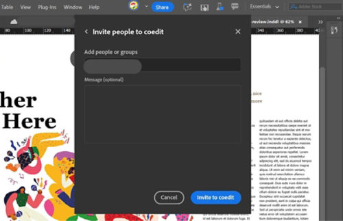   The Share dialog is open and shows selected collaborators, a message box, and controls to send a co-editing invitation.