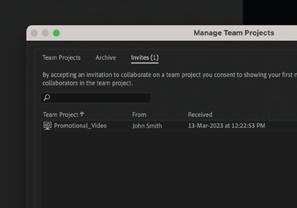 Invites tab in the Manage Team Projects dialog to accept or decline pending invitations to collaborate.