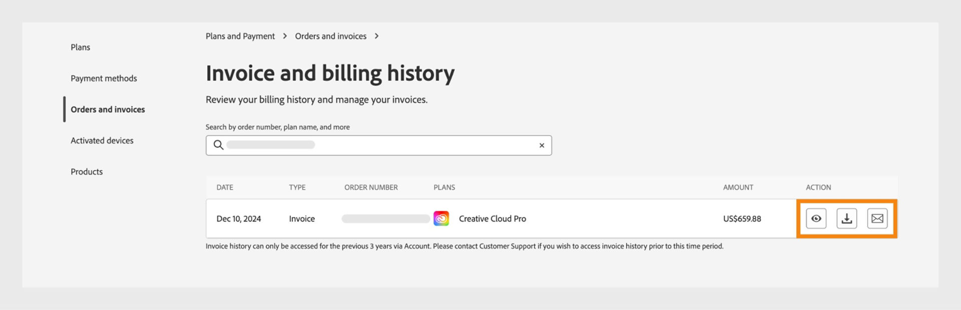 The Invoice and billing history window, where the view, download, and email icons, available under Action, are highlighted.