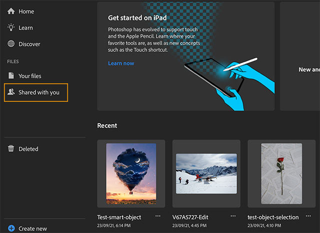 Tap the Shared with you tab to see shared documents from within Photoshop on the iPad