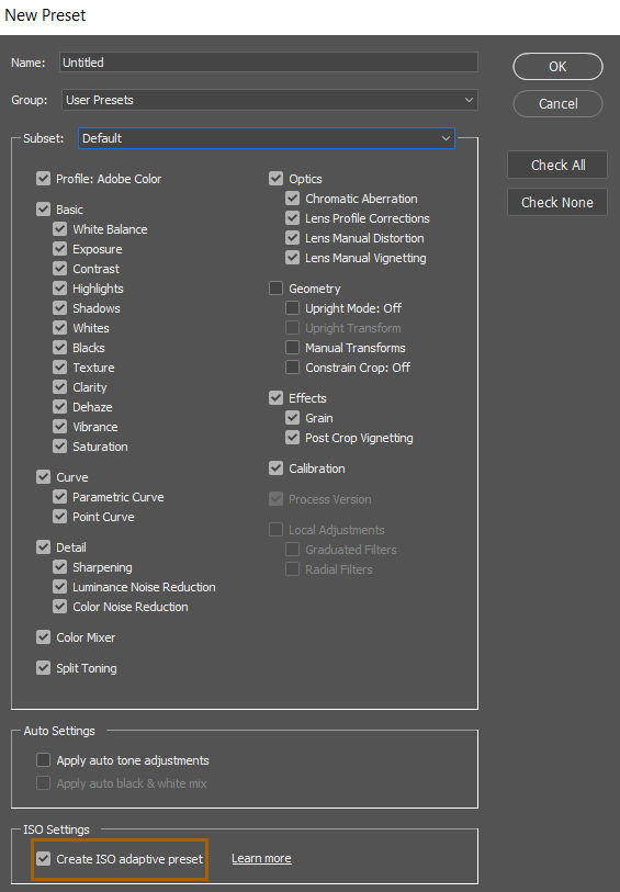 ISO adaptive presets in Adobe Camera Raw