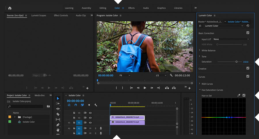 In the Curves section of the Lumetri Color panel, click the Hue vs Sat eyedropper and select color to isolate.