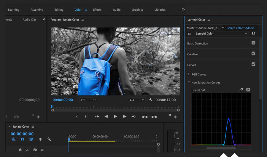 Drag first and last keyframes in Hue vs Sat to zero, leaving the middle one. Ensure keyframes include shadows and highlights.