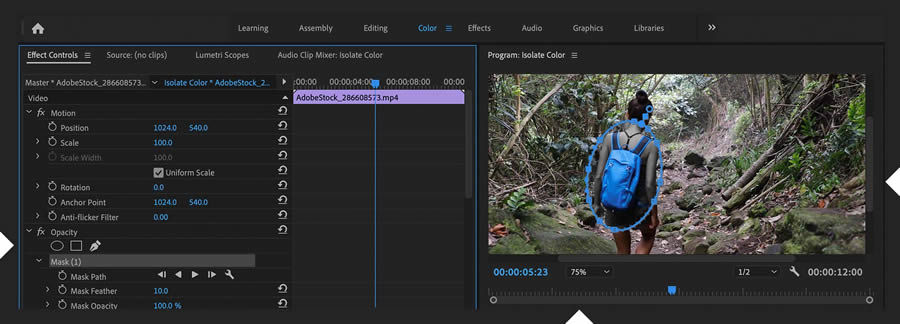 Opacity mask is added to the blue backpack to isolate the color in that object only.
