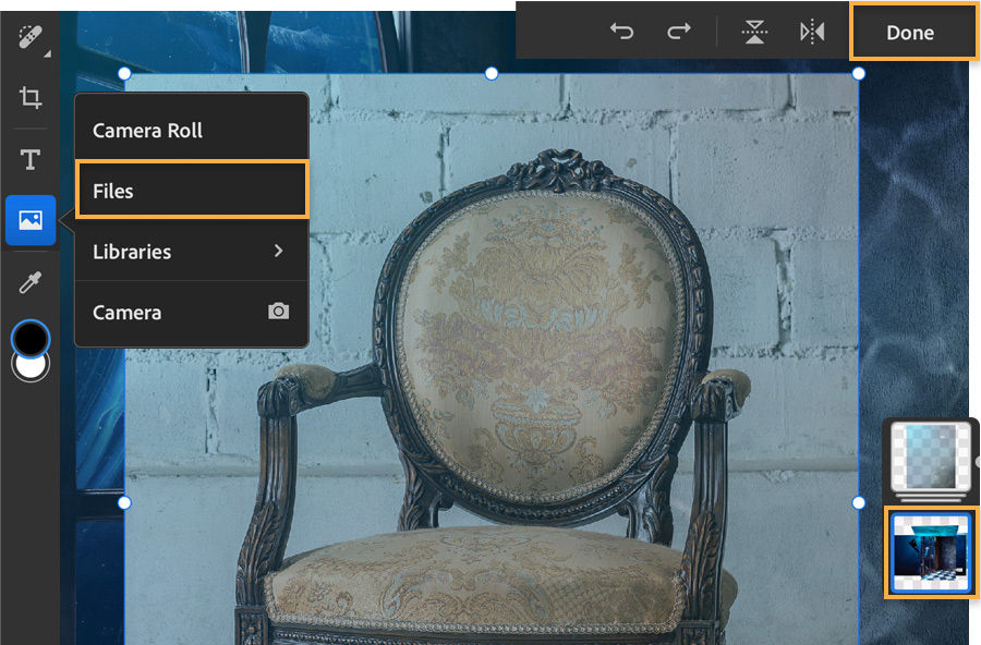 Import photos selected, chair with wall background in the middle, transform image options at the top.