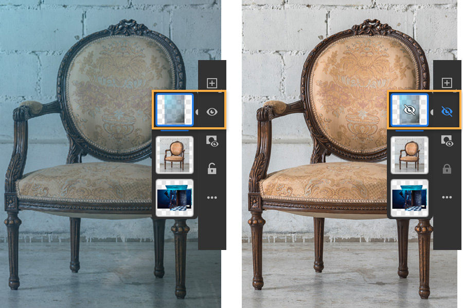 The chair on the left shows the overlays layer is visible, muting the photo and hidden on the right so the chair is clearer.
