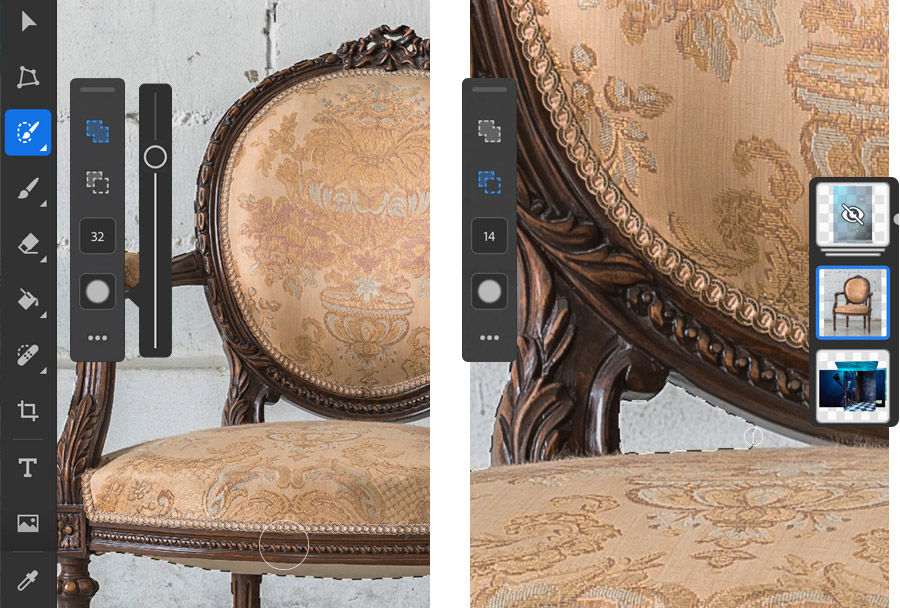 The Select tool makes a quick selection of the chair in Photoshop on the iPad.
