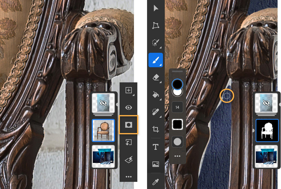 The selection tool makes a quick mask of the chair to isolate it, the brush helps clean edges of the mask.