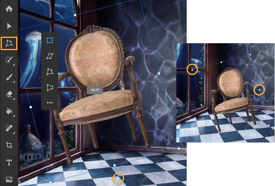 Transform images tool in Photoshop on the iPad rotates the chair -14.71 degrees.