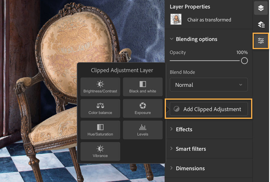 Yellow chair floats in the underwater scene, layer properties for Photoshop on the iPad shows Add Clipped Adjustment selected.