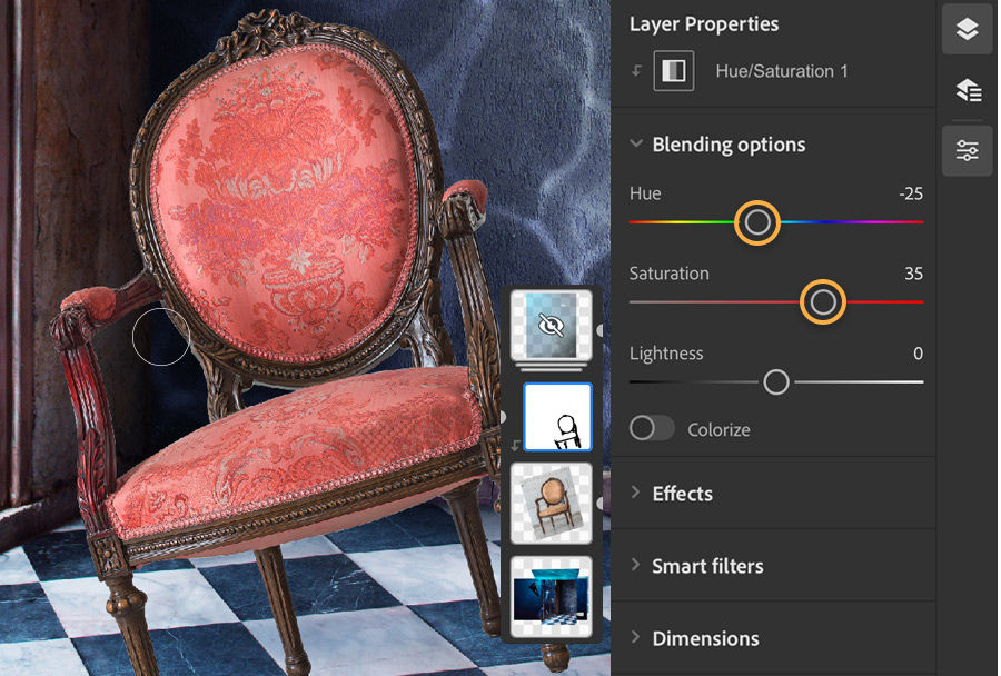 The chair is now red, layer properties for Photoshop on the iPad shows Hue set to -25 and Saturation is set to 35.