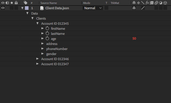 JSON Data properties group in the Timeline panel