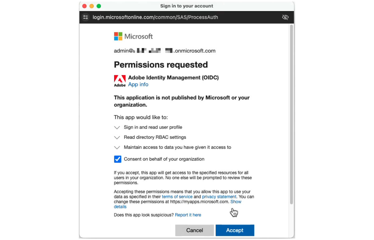 Adobe OIDC App for Microsoft for the admin to approve.