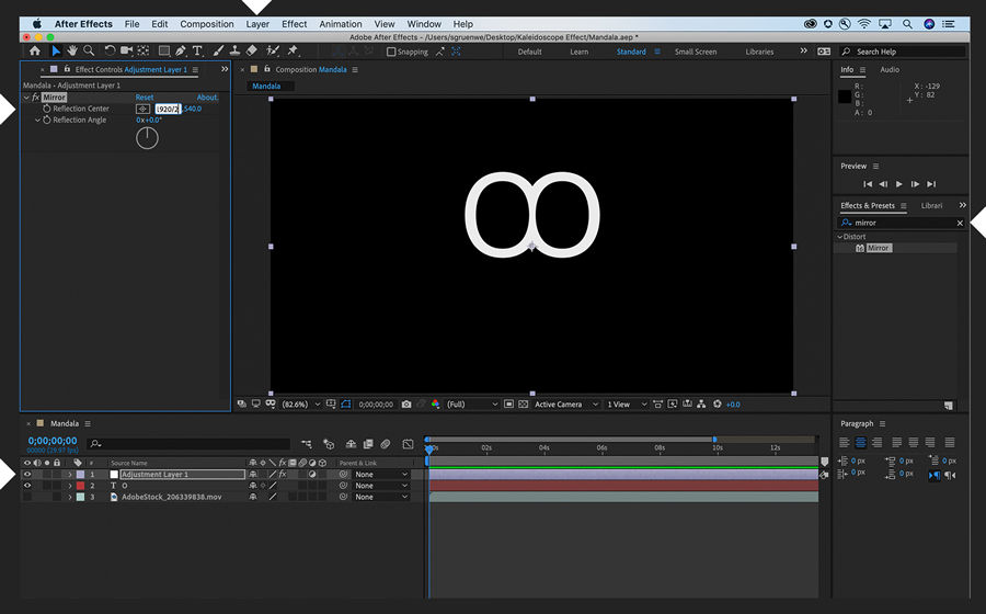 Adjustment layer with mirror effect is added to the letter O. Two O’s appear with sides touching.