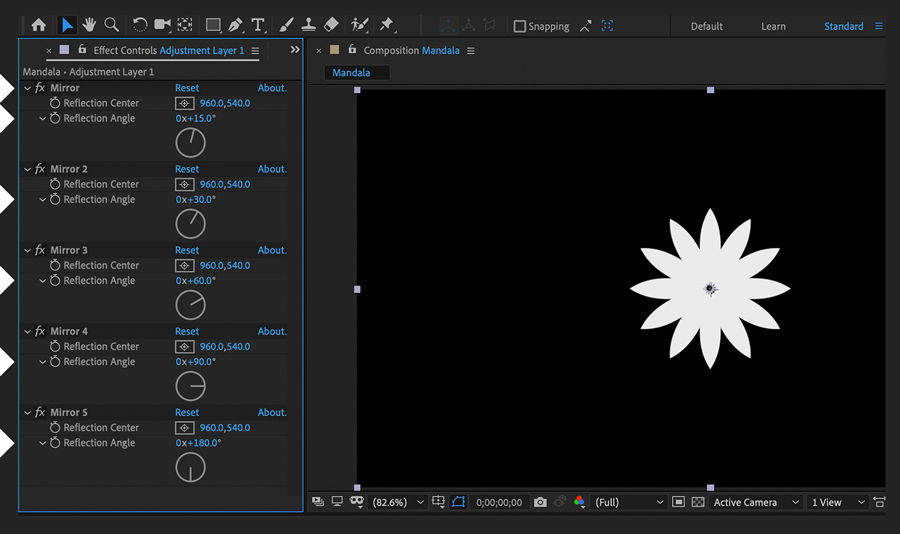 More adjustment layers with mirror effect are added with different reflection angles, creating a flower-like appearance.