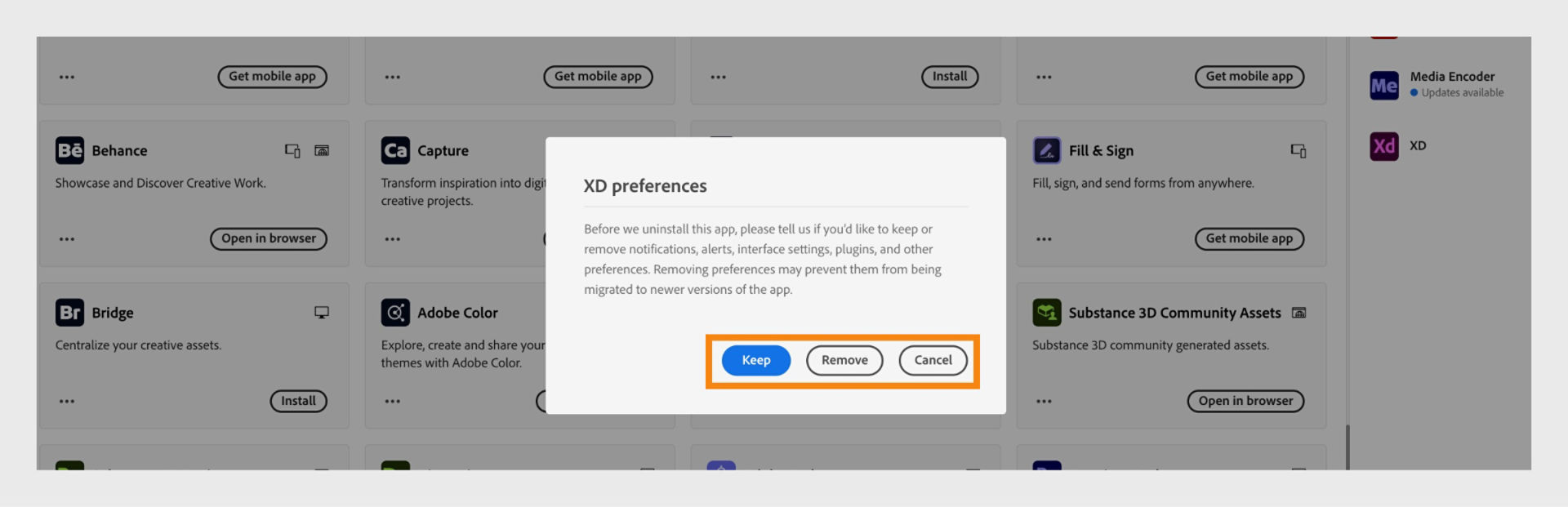 The preferences window asks if you want to keep or remove notifications, alerts, plugins, and other preferences. You can also cancel the uninstallation process. 