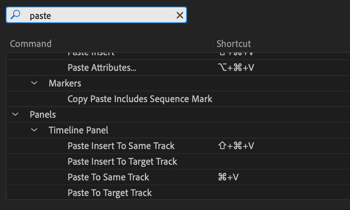 Keyboard shortcuts for copy and paste