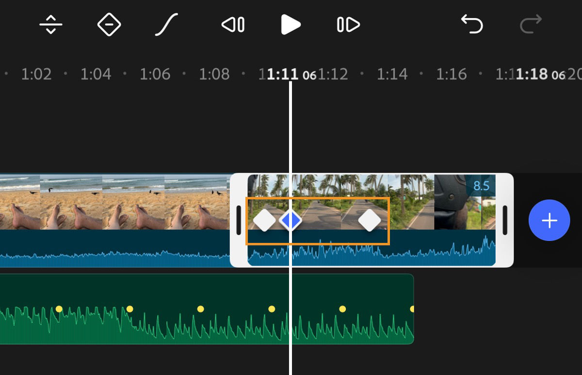 Timeline showing two keyframe icons on a selected clip.
