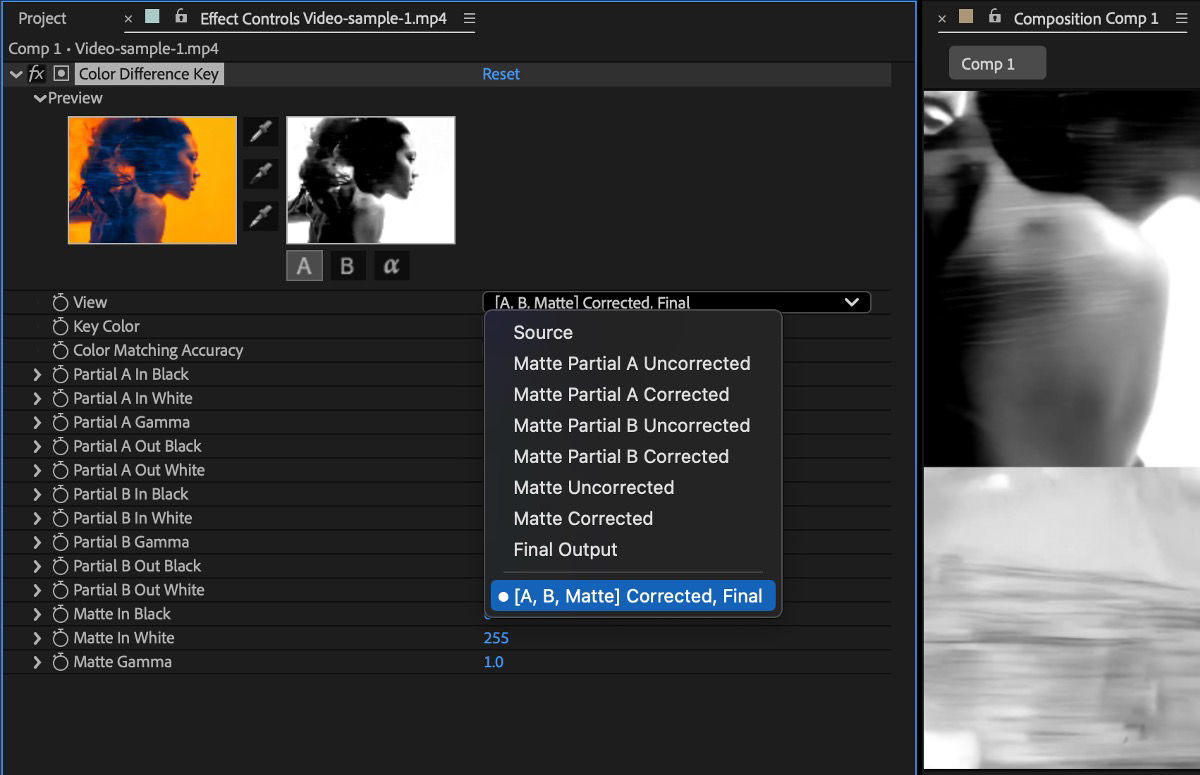 In the Effect Controls panel, the Color Difference Key effect's controls are open. The view dropdown menu is open and the [A, B, Matte] Corrected, Final is selected from the View menu 