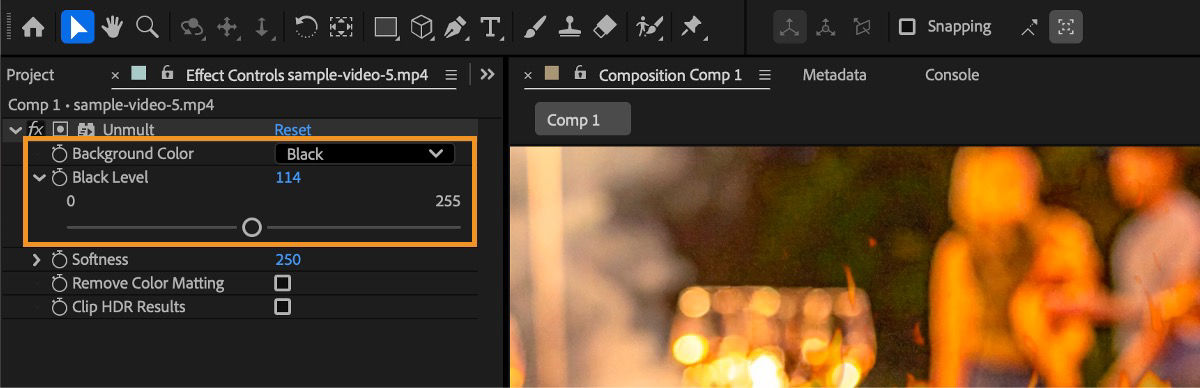The Effect Controls panel shows Background color property and Black level slider to work with dark areas of the selected layer.
