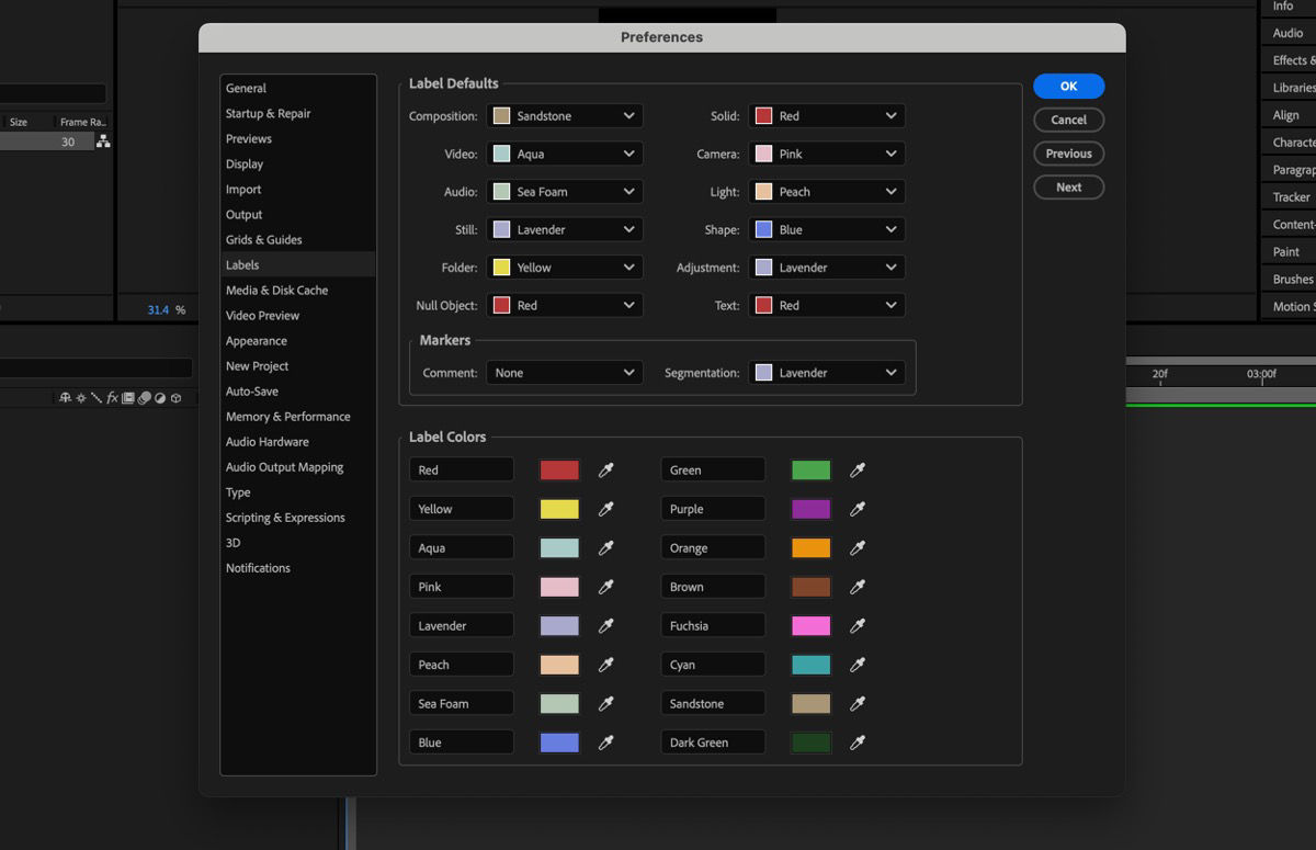 The Preferences dialog box is open, and it has different sections, such as Label Defaults, Markers, and Label Colors. All label colors are listed with the color swatches next to them.