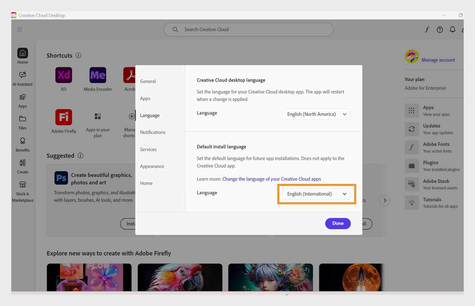 The dropdown menu under Default install language provides the option to change the language for your future app installations. 