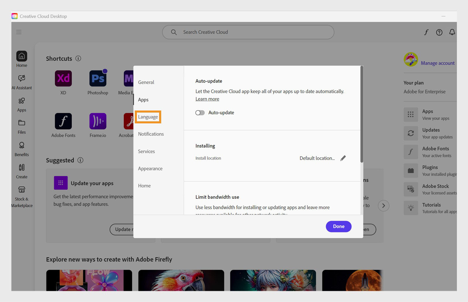 Adobe Creative Cloud preferences panel open on the “Language” tab, highlighting the option to set the default app installation language.