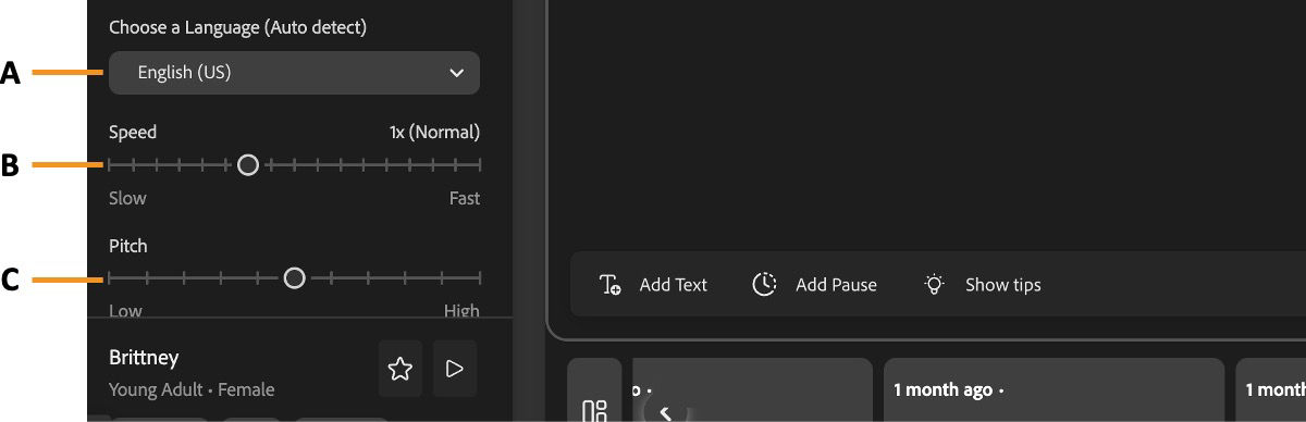 The Speech settings section displays the Accent dropdown menu and the speed and pitch sliders to adjust for speech generation.