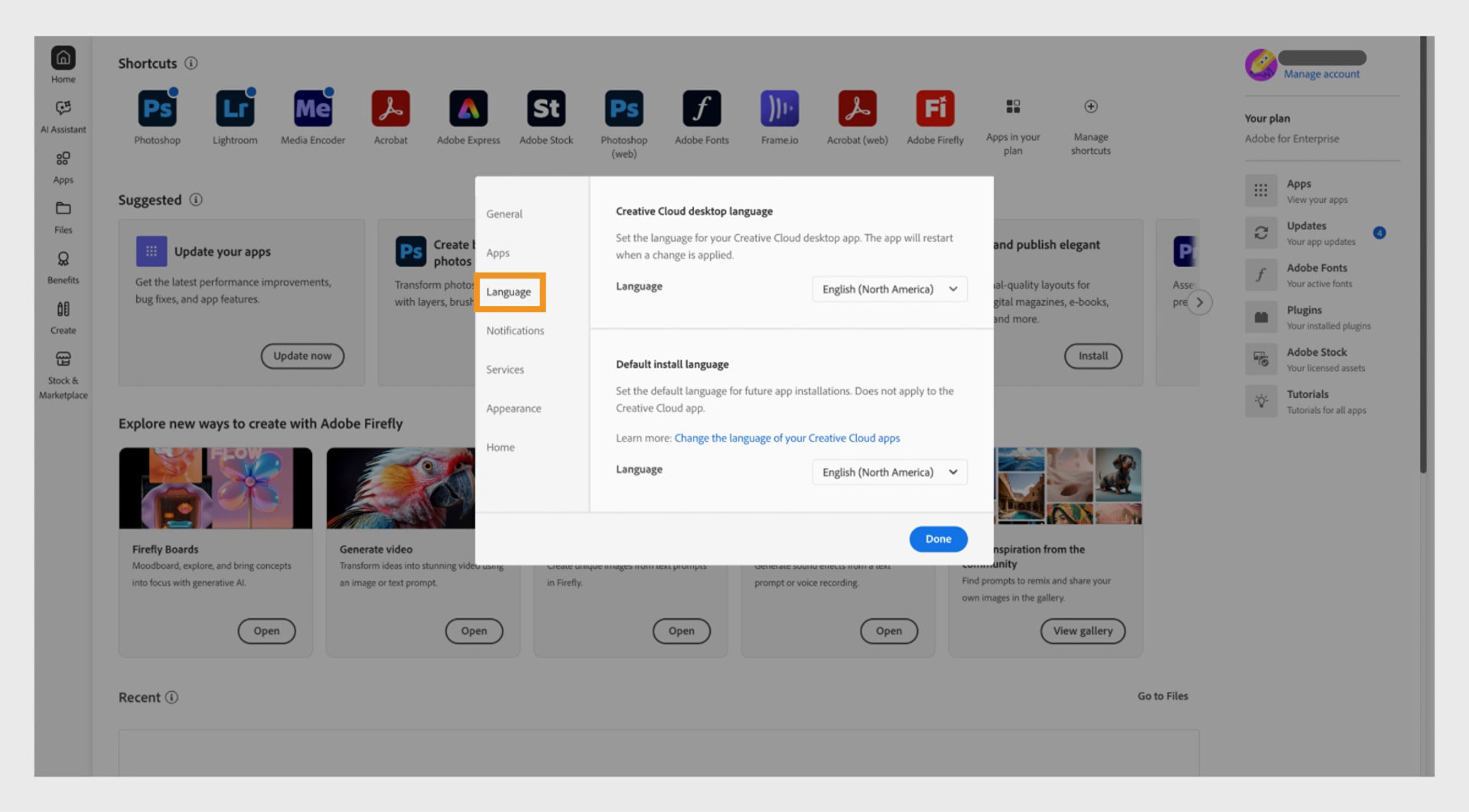 The Apps tab of the Preferences window shows options to enable or disable auto-updates, select the install location and default install language, and view older apps. 