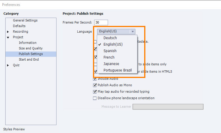 Select required language from the drop-down inside Publish settings