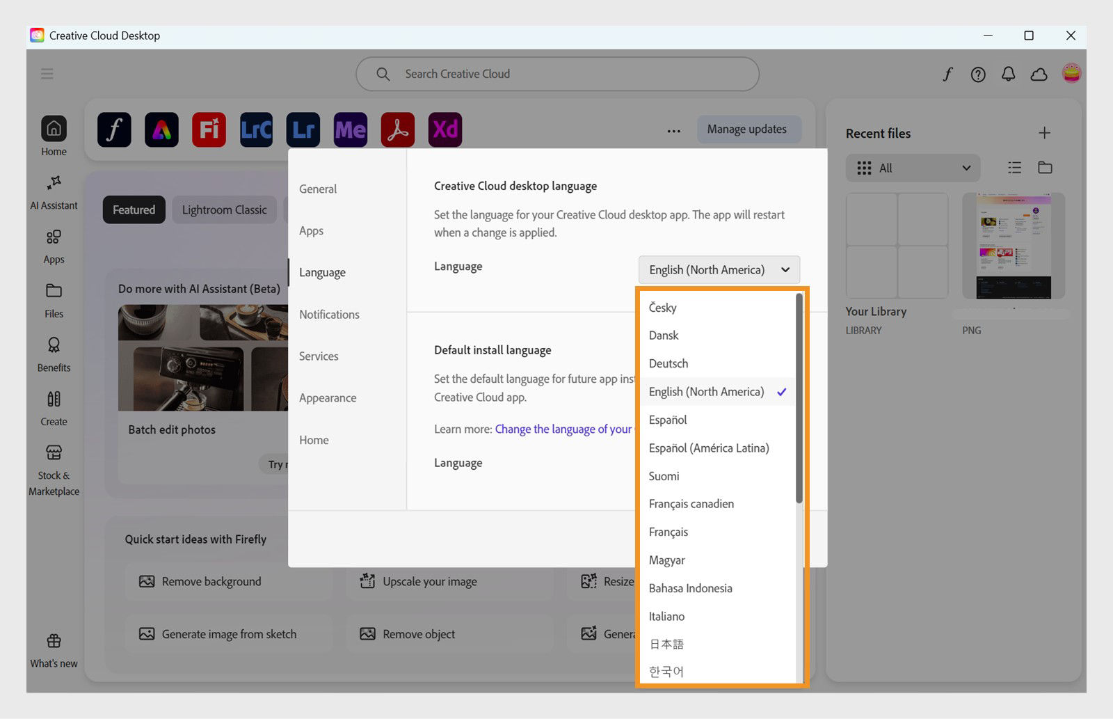 The Language tab of the Preferences window shows options to select the Creative Cloud desktop language and and default install language.