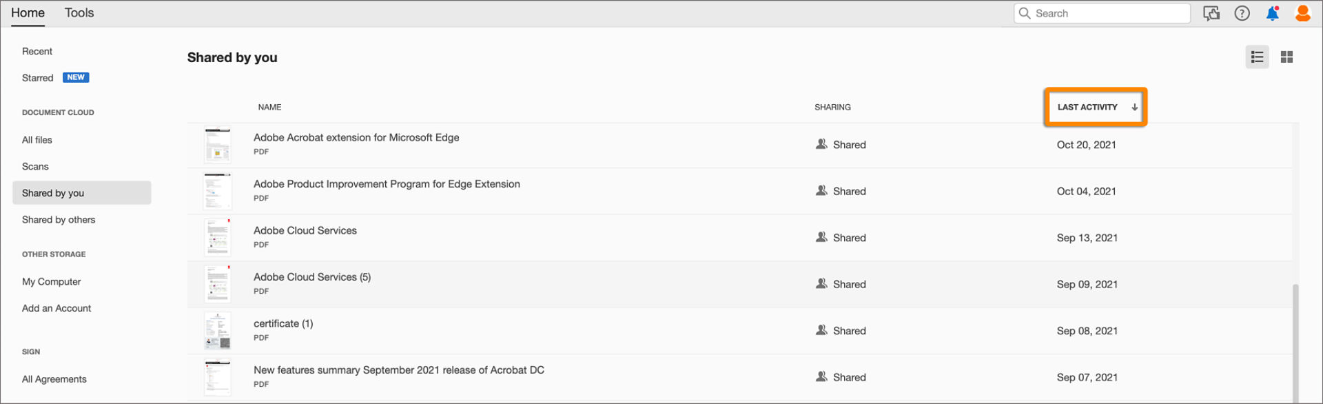 Sort shared PDFs by Last Activity