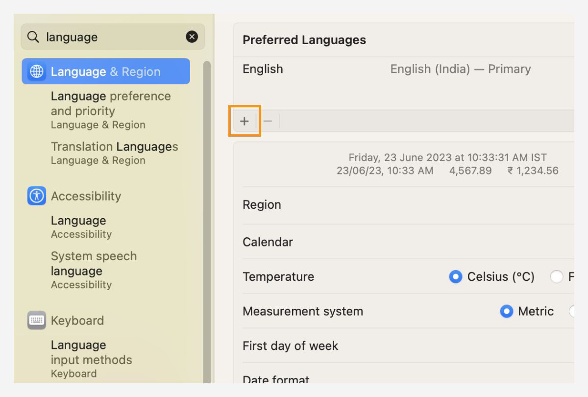 Select the plus icon (+) in the Preferred Language section to launch the list of languages.